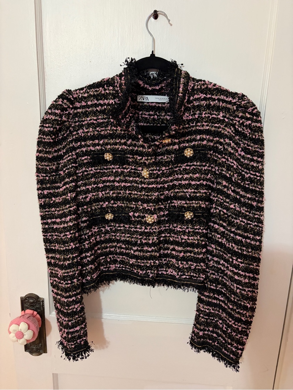 Zara Black & Pink Tweed Cropped Blazer with Gold Buttons